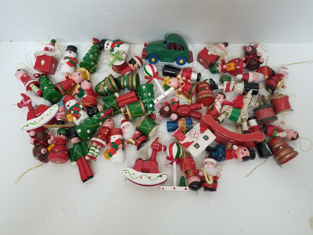 Vintage Mixed Lot Of (53) Wooden Christmas Tree Ornaments Hand Painted
